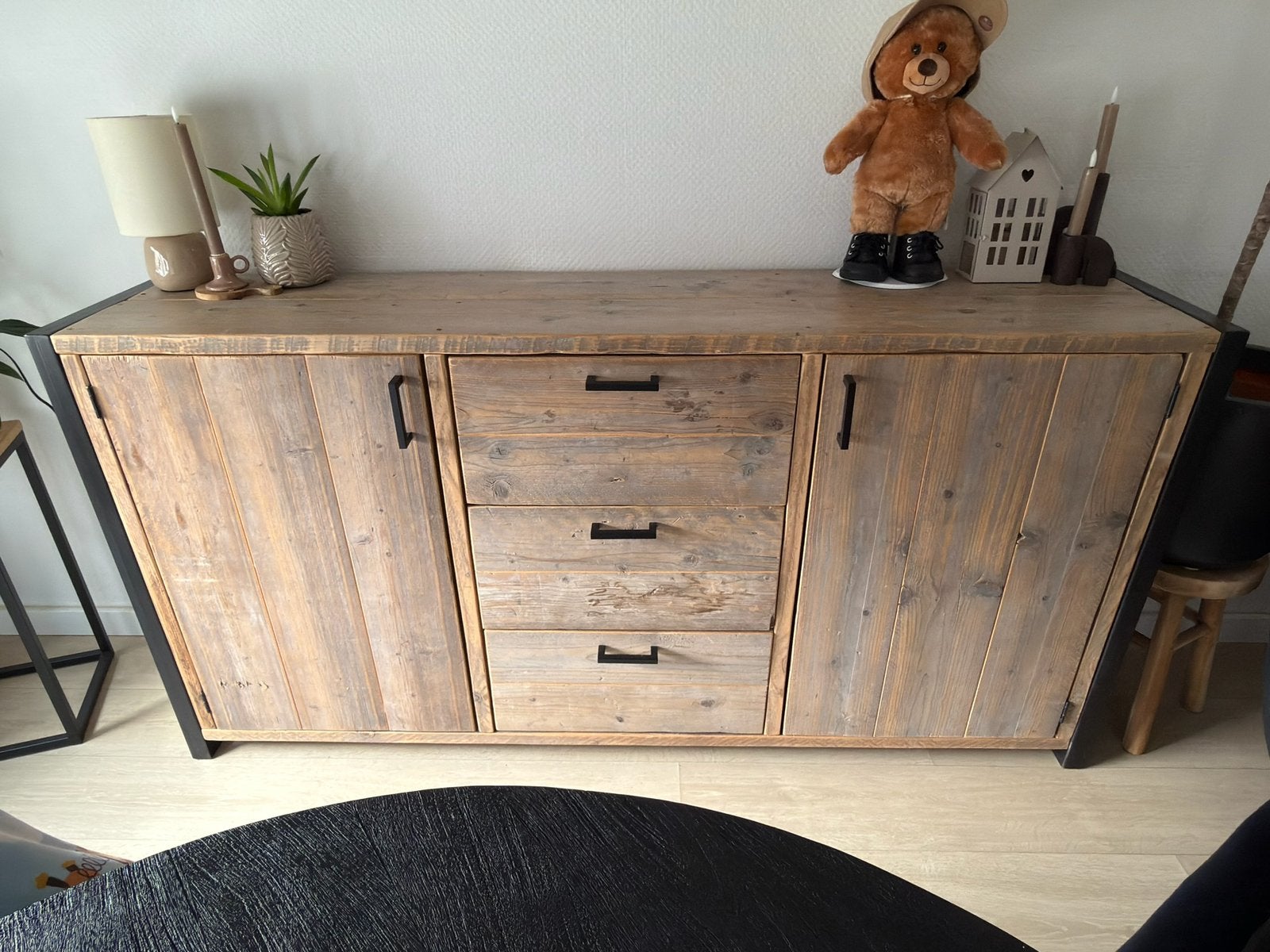 Industrieel dressoir 180cm | Steigerhout & staal (Softclose), Met deur(en), 150 tot 200 cm, Zo goed als nieuw, 25 tot 50 cm