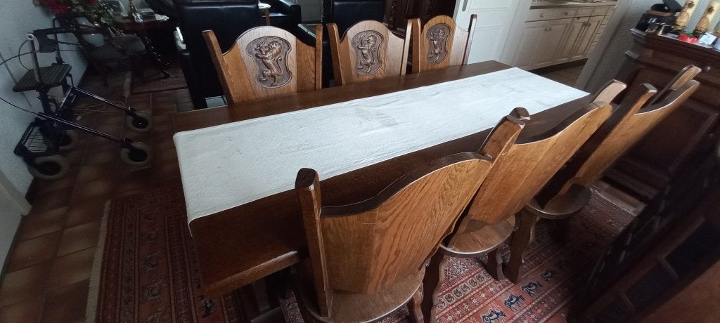 Massief houten eettafel met 6 stoelen – klassieke stijl, Ophalen, Gebruikt, 50 tot 100 cm, Vijf personen of meer