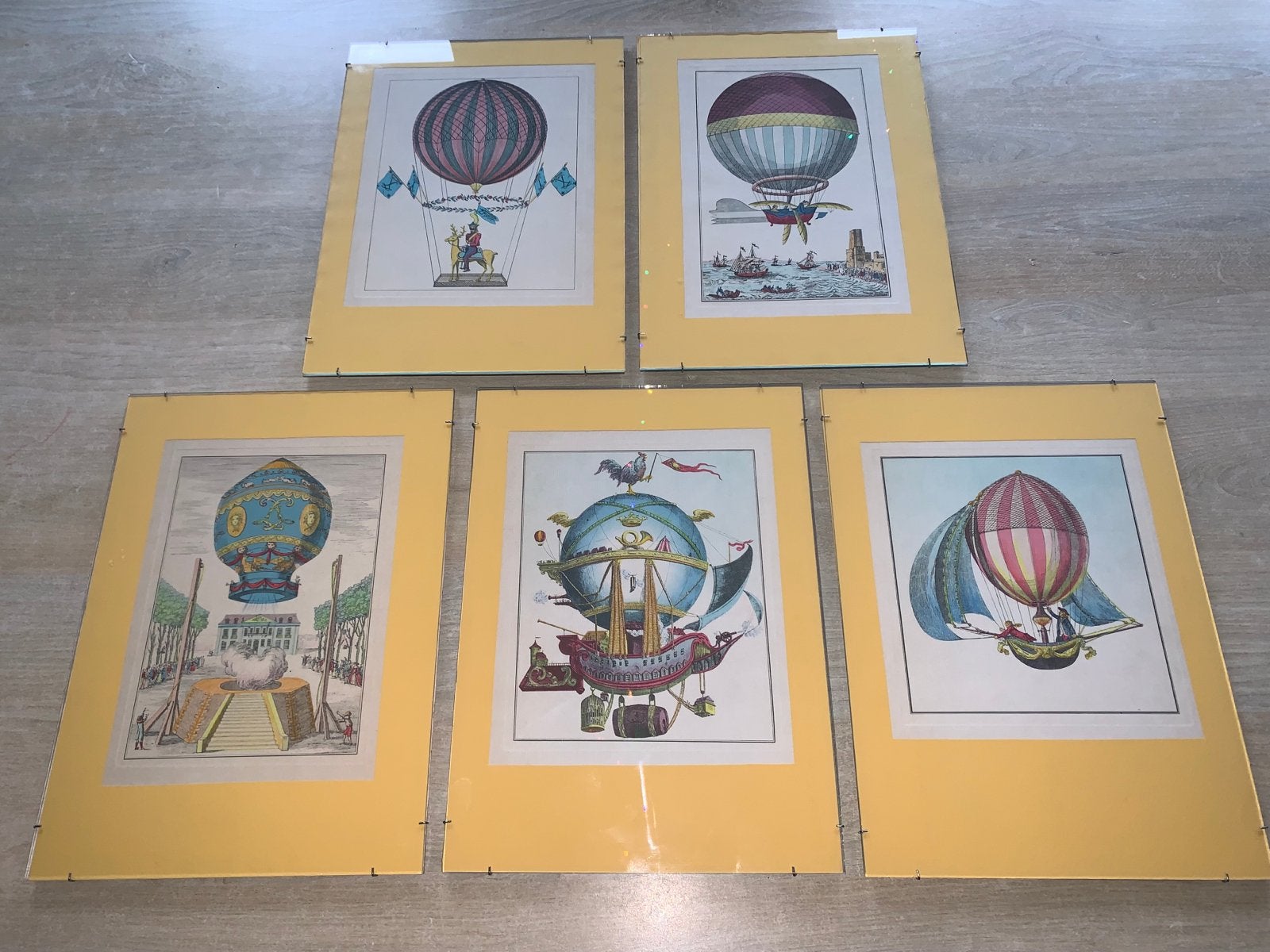 Set van 5 Vintage Luchtballon Prints - Handgekleurd, Ophalen of Verzenden