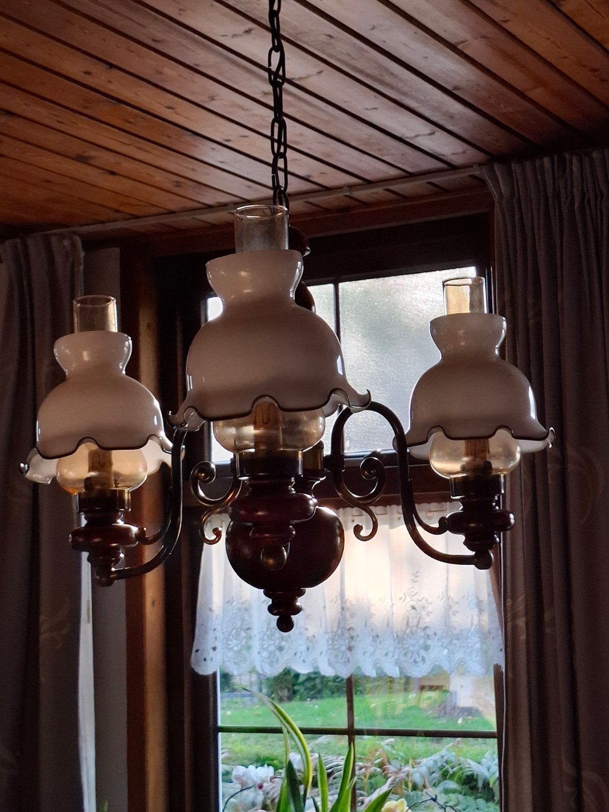 Vintage Hanglamp met 3 Glazen Kappen, Ophalen, Wit