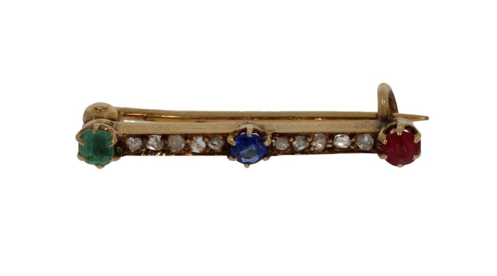 Smaragd diamanten robijn saffier 14k gouden antieke broche, Verzenden, Goud, Broche, Met edelsteen