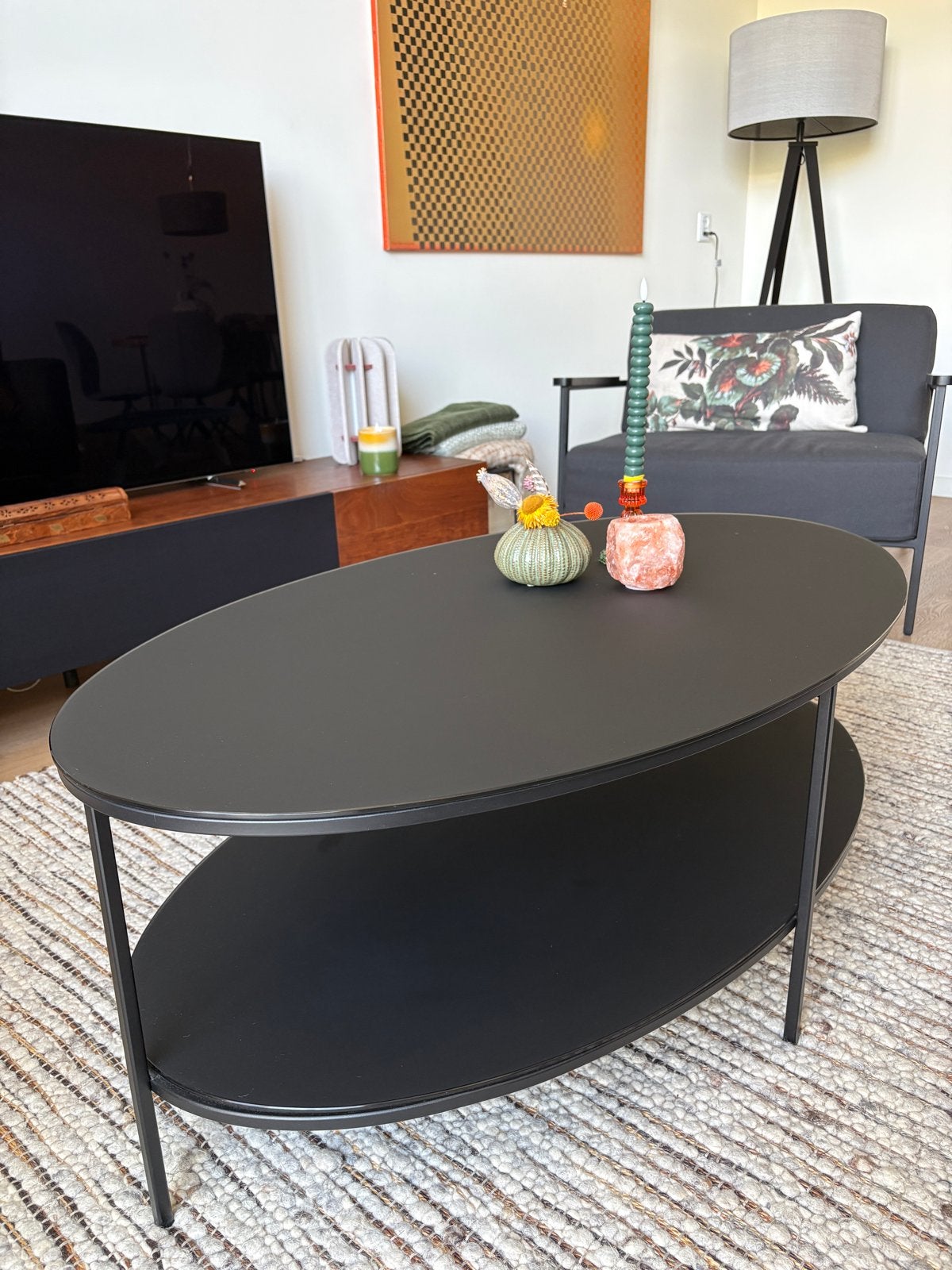 Salontafel met 2 bladen van gematteerd glas (zwart), Huis en Inrichting, Tafels | Salontafels, Ophalen, Gebruikt, 100 tot 150 cm