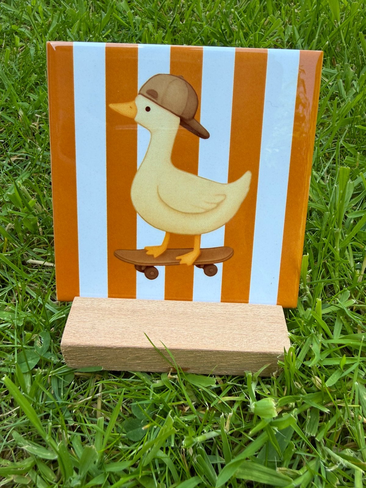Tegeltje eend op skateboard oranje/bruin, Huis en Inrichting, Ophalen of Verzenden, Nieuw