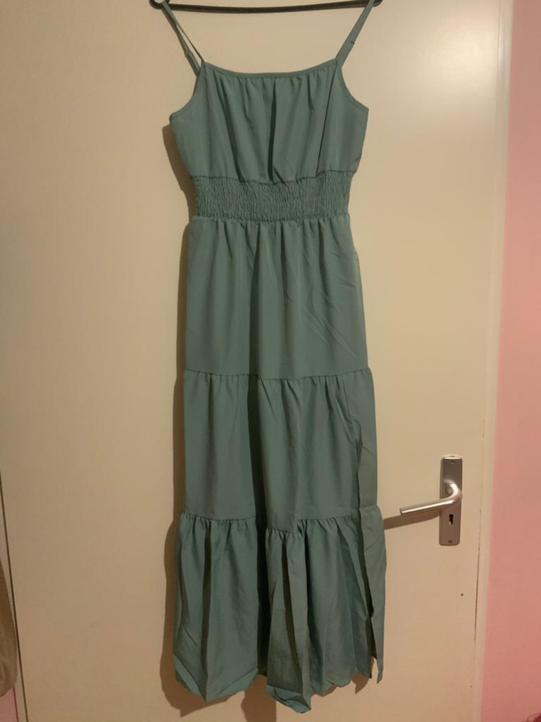 Lange Mint groen jurk mt s 36, Nieuw, Ophalen of Verzenden, Maat 36 (S), Onder de knie