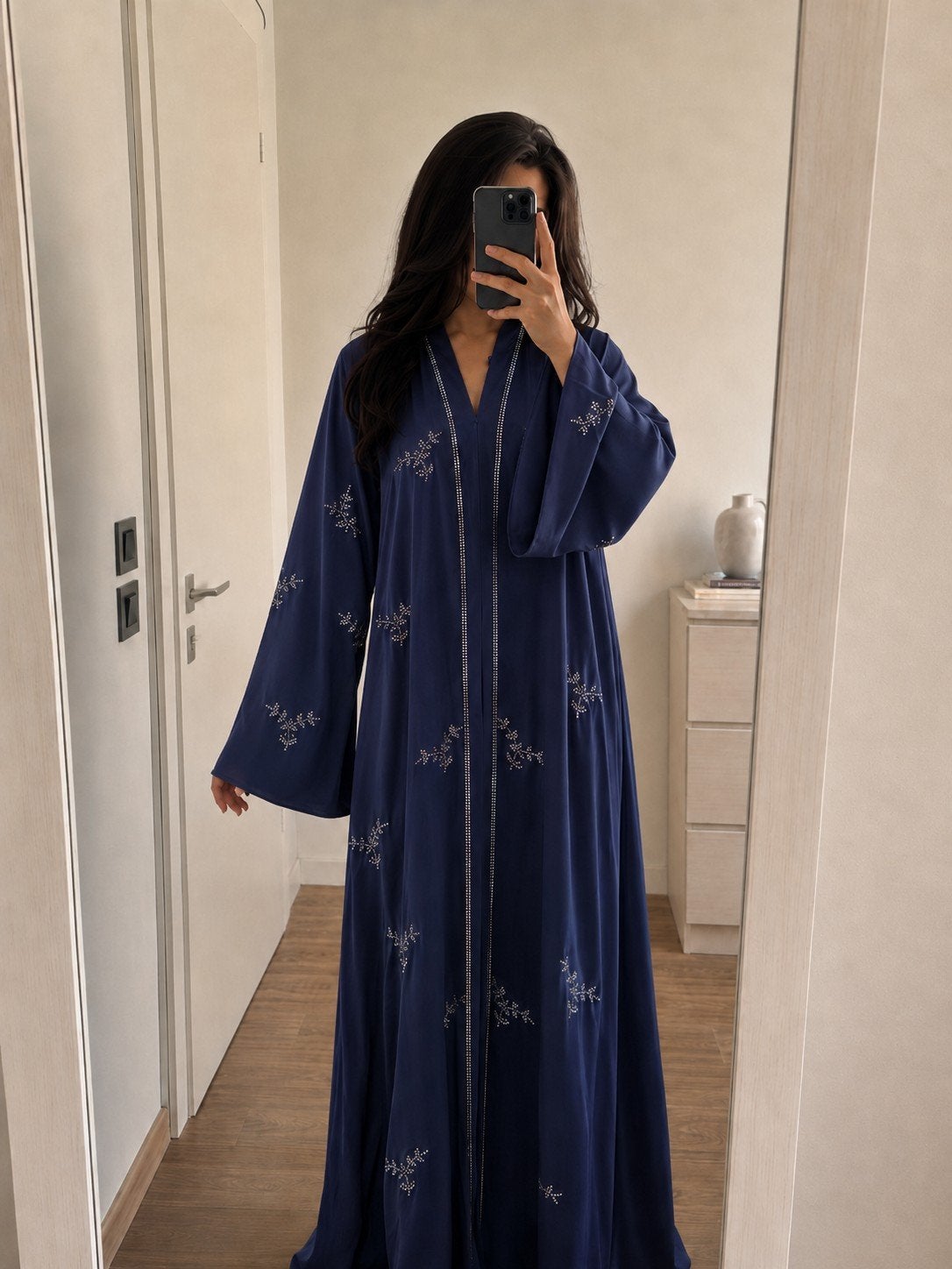 Elegante Blauwe Dubai Abaya Met Hijab En Riem, Kleding | Dames, Jurken, Ophalen of Verzenden, Nieuw, Blauw, Onder de knie