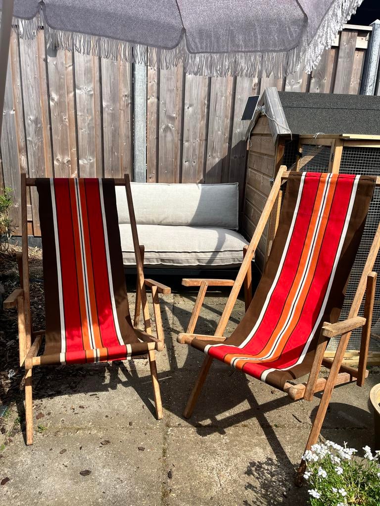 Vintage strandstoelen (2 stuks) - inklapbaar, Ophalen, Gebruikt, Hout, Inklapbaar
