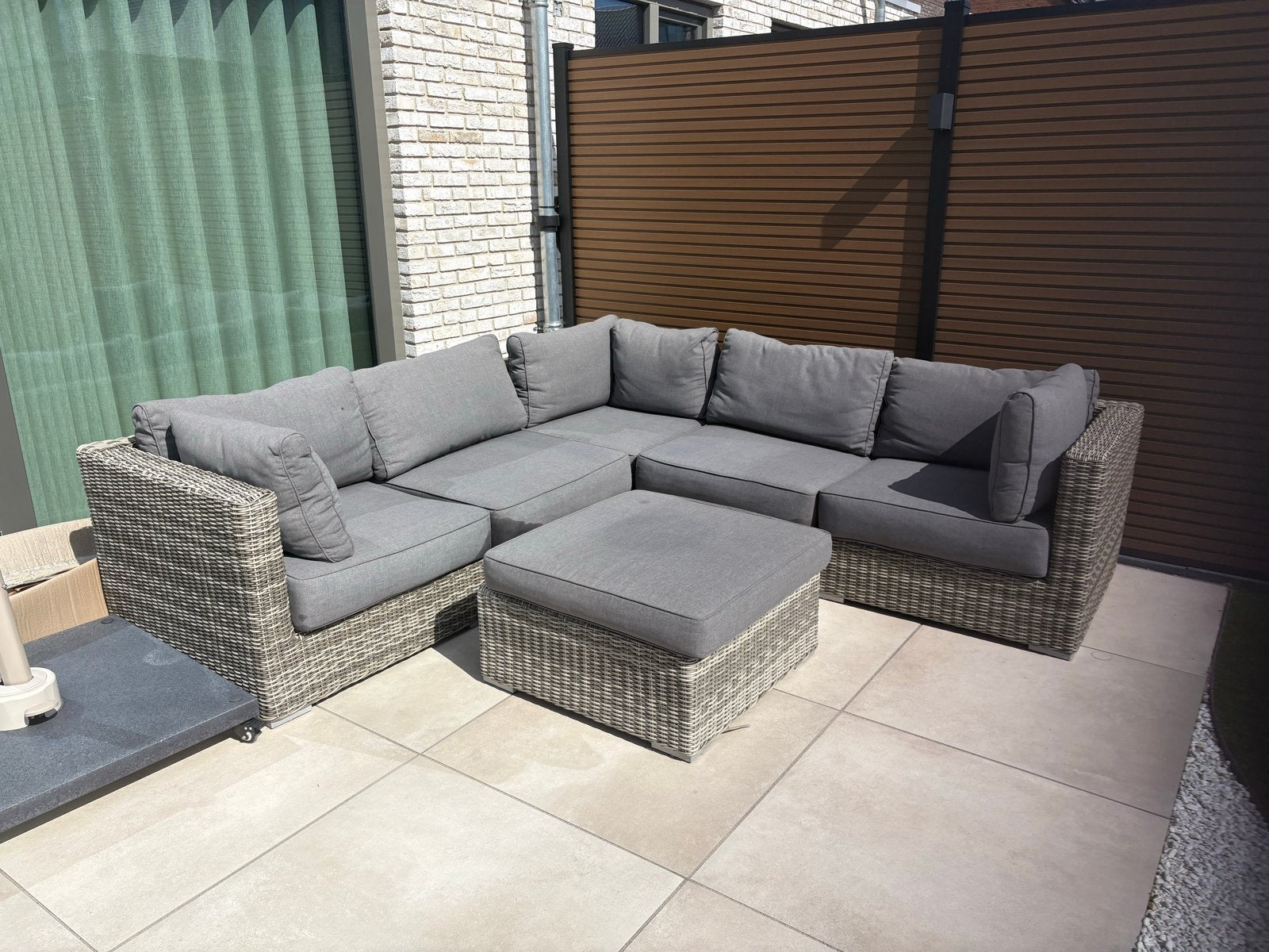 Hoek Loungeset L-vorm antraciet met hocker, Ophalen, 5 zitplaatsen, Gebruikt, Loungeset