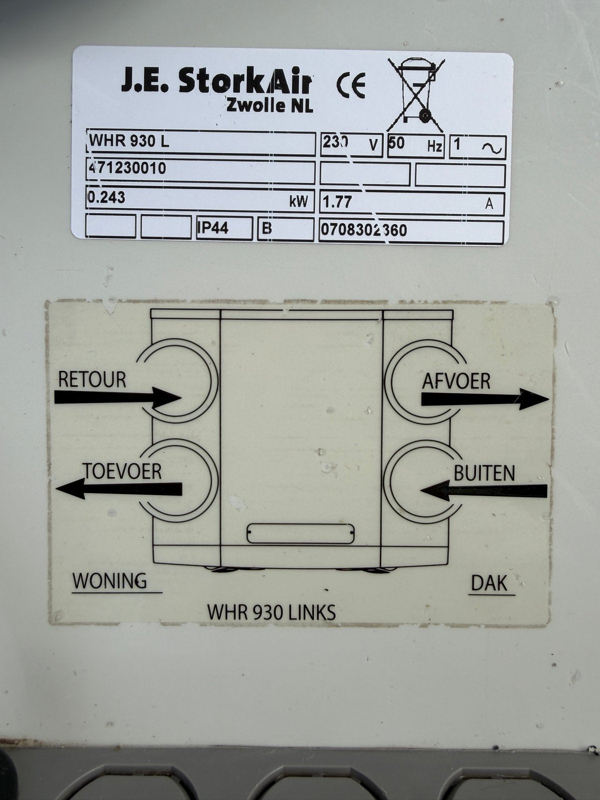 J.E. StorkAir WHR 930 L Warmteterugwinunit, Ophalen, Zo goed als nieuw, Ventilator en Afzuiger
