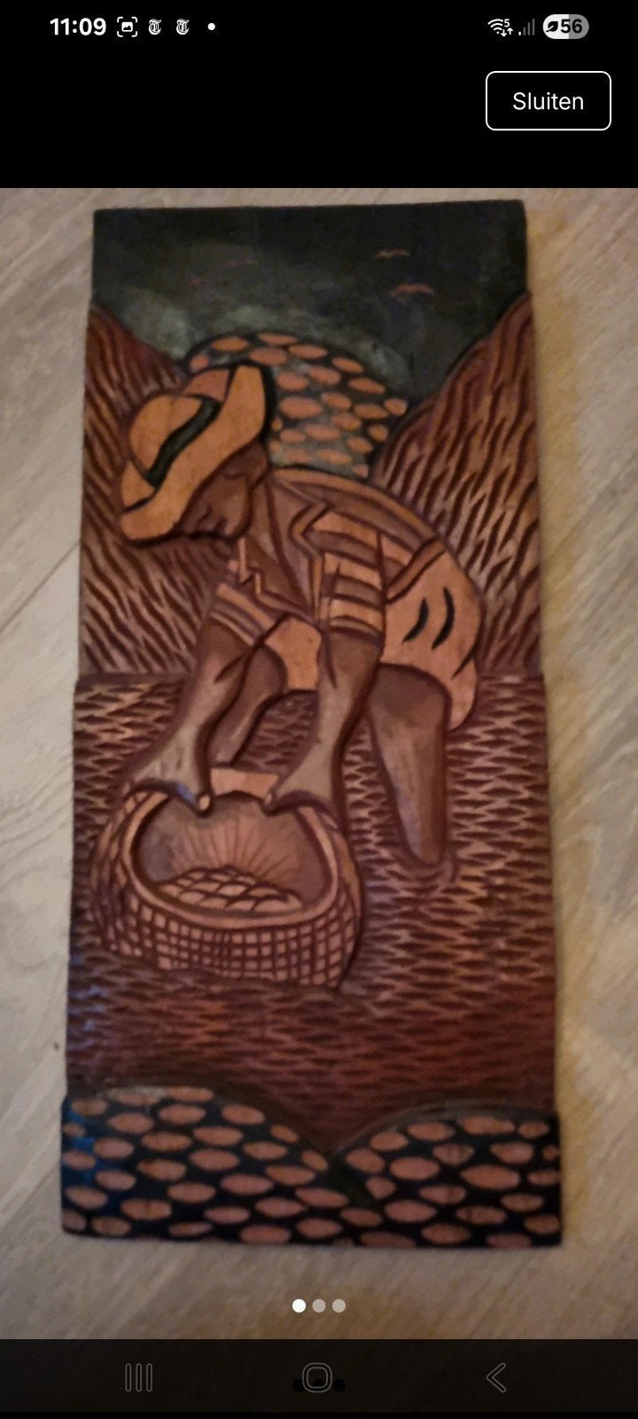 Houten wanddecoratie: Man met mand, 50x22 cm, Gebruikt, Hout, Ophalen of Verzenden, Bruin