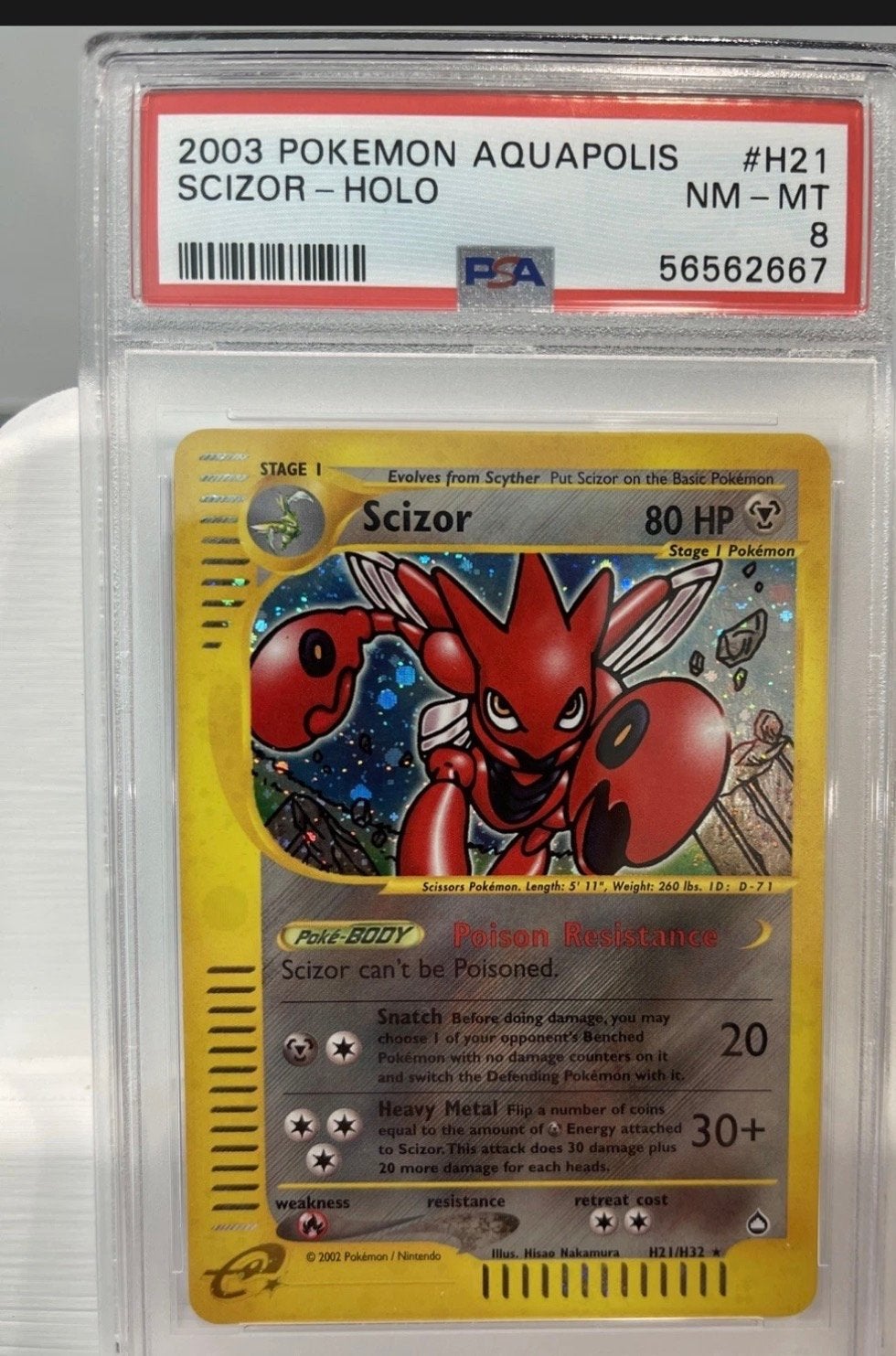 2003 Pokémon Aquapolis Scizor Holo PSA 8 NM-MT, Ophalen of Verzenden, Zo goed als nieuw, Losse kaart, Foil