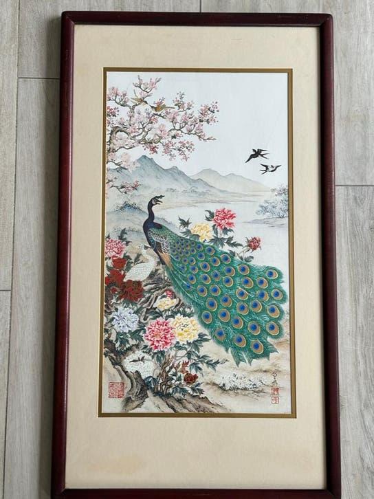 Wei Tseng Yang Chinese scroll Pauw op zijde, Antiek en Kunst, Kunst | Schilderijen | Klassiek, Ophalen of Verzenden