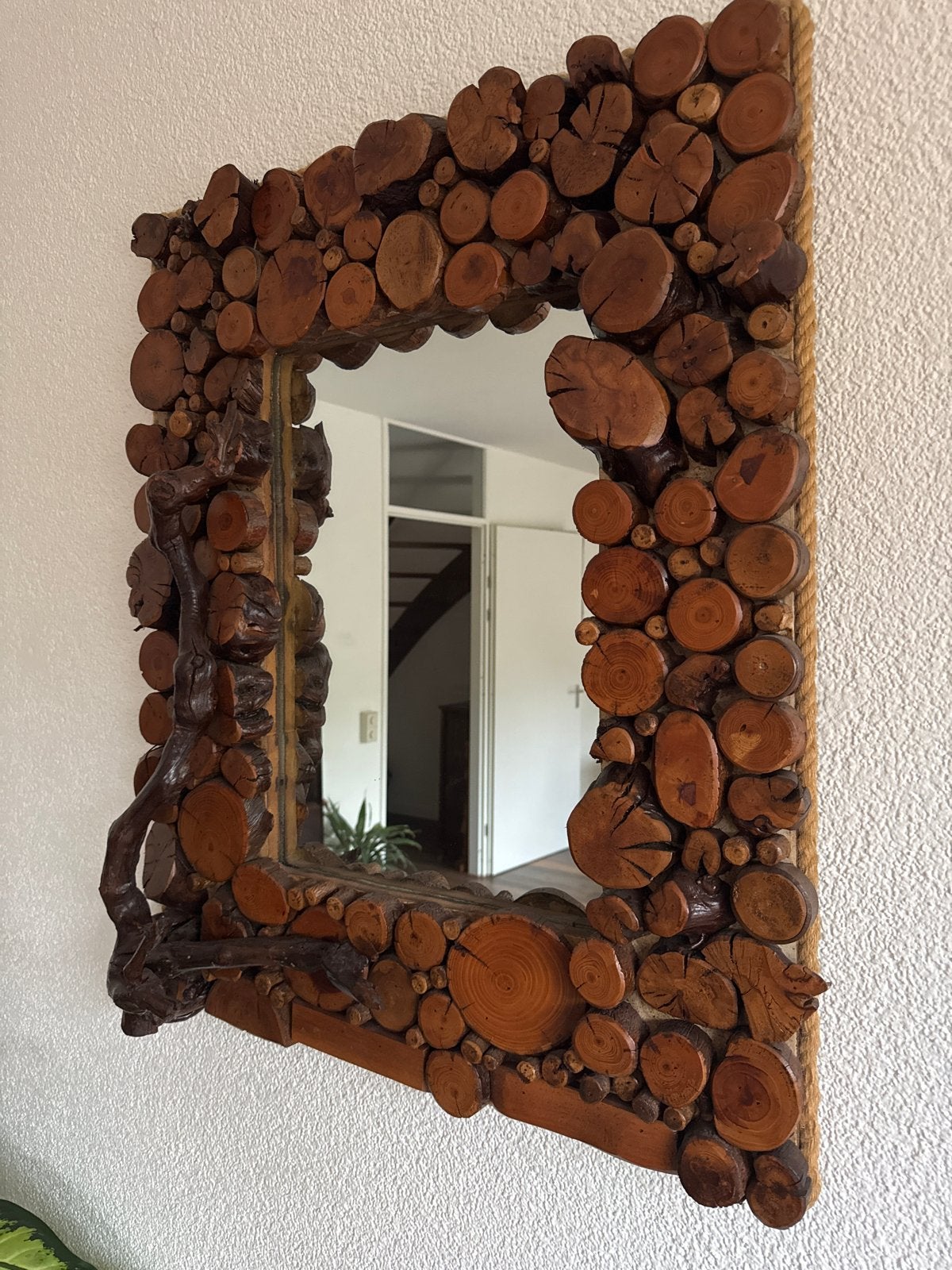 Unieke handgemaakte spiegel met houten frame, Ophalen of Verzenden, Zo goed als nieuw, Vierkant, 50 tot 75 cm