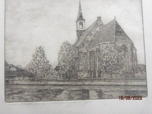 HW.Bijl Losse ets van de Kerk van Schipluiden gesigneerd, Antiek en Kunst, Kunst | Etsen en Gravures, Ophalen, Ets