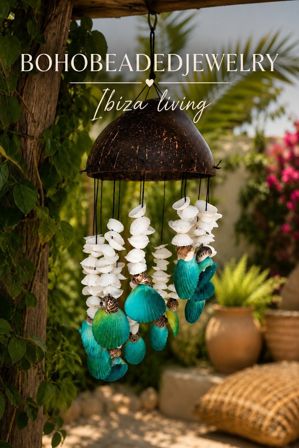 Handgemaakte Kokosnoot Windgong met Schelpen - Ibiza Stijl, Meerkleurig, Boho, Nieuw, Ophalen of Verzenden