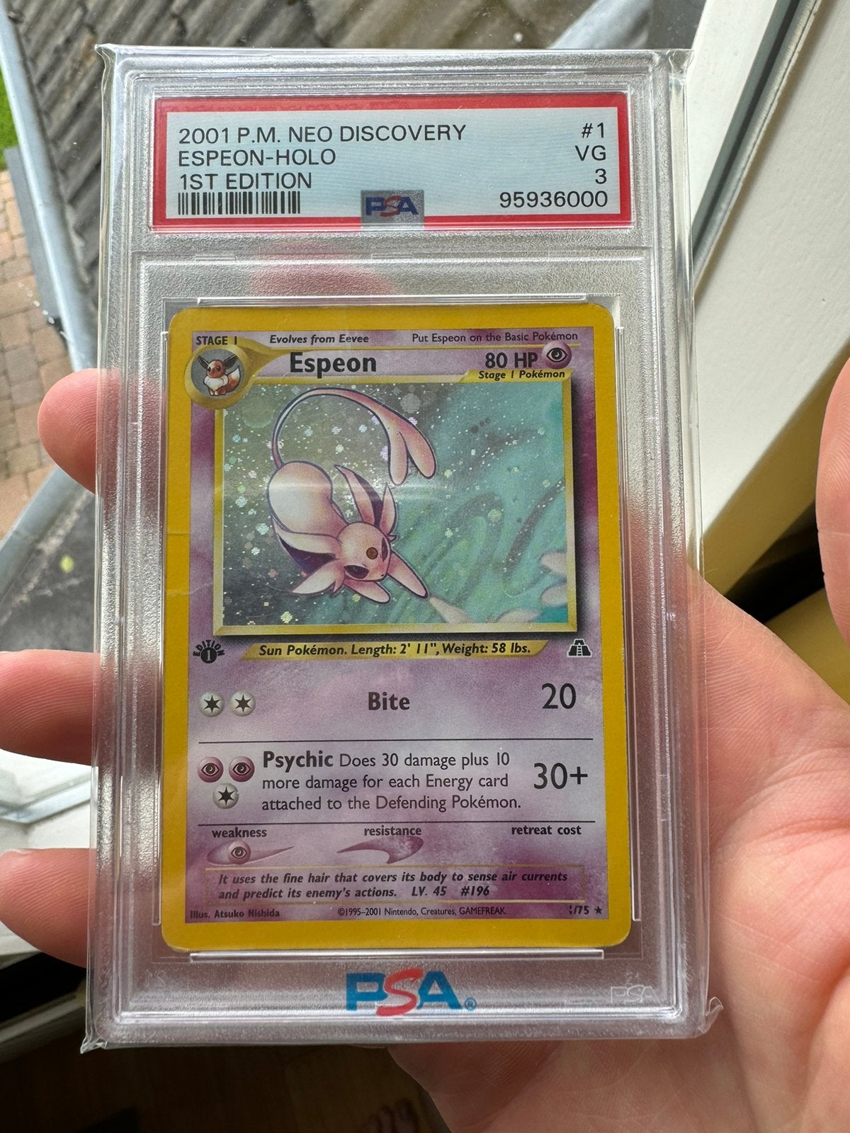 Espeon Holo 1st edition Neo Discovery PSA 3, Hobby en Vrije tijd, Verzamelkaartspellen | Pokémon, Ophalen of Verzenden, Zo goed als nieuw