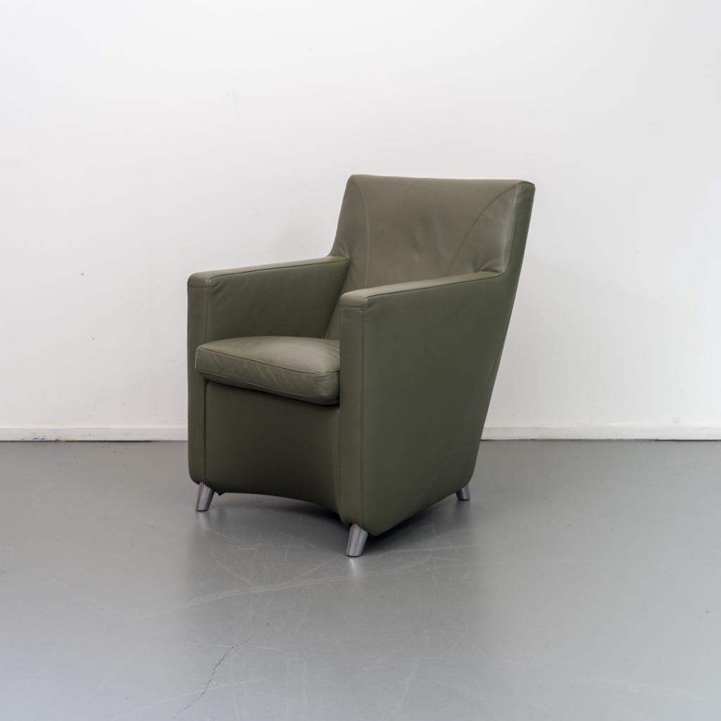 1 Leolux Dolcinea Fauteuil Olijfgroen Leer - Aluminium Frame, Huis en Inrichting, Fauteuils, Niet ingevuld, Niet ingevuld, 75 tot 100 cm