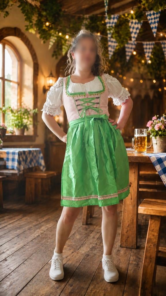 Traditionele Dirndl Jurk - Roze met Groen, Maat 38/40 (M), Overige typen, Ophalen of Verzenden, Roze