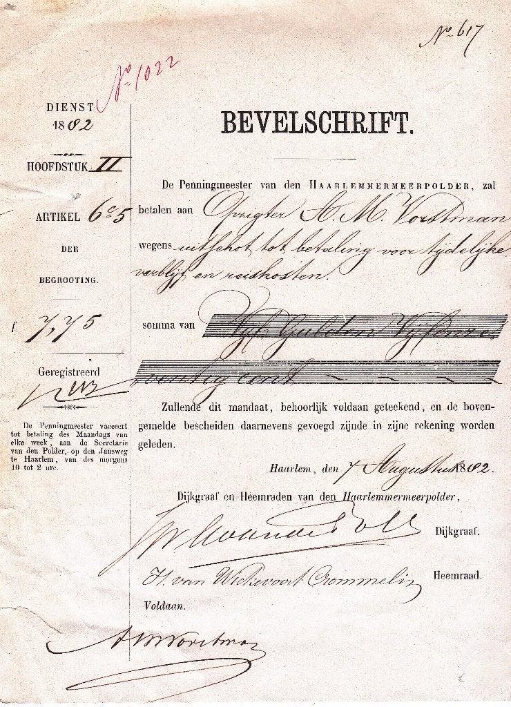 BEVELSCHRIFT    HAARLEMMERMEERPOLDER   7 AUGUSTUS 1882, Ophalen of Verzenden, Euro's