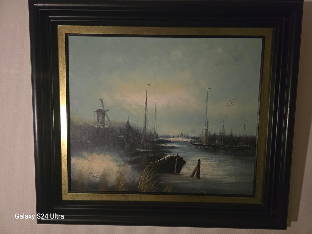 Schilderij Owen - Hollands Landschap met Molen en Boten, Antiek en Kunst, Ophalen of Verzenden