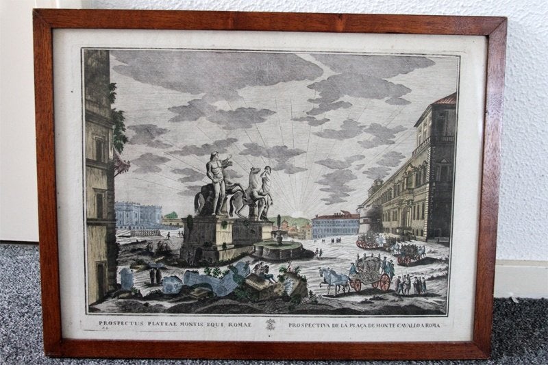 Gravure 18de eeuw Rome Castor en Pollux, handingekleurd, Ophalen of Verzenden