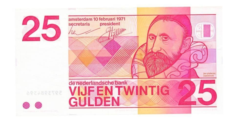 Nederland 25 Gulden 1971 Sweelinck (10 cijfers), Ophalen of Verzenden, 25 gulden, Los biljet