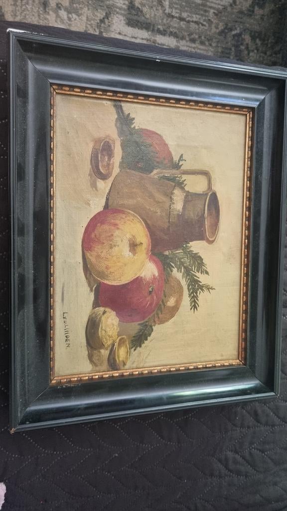 Schilderij stilleven met kan en fruit, gesigneerd, Ophalen of Verzenden