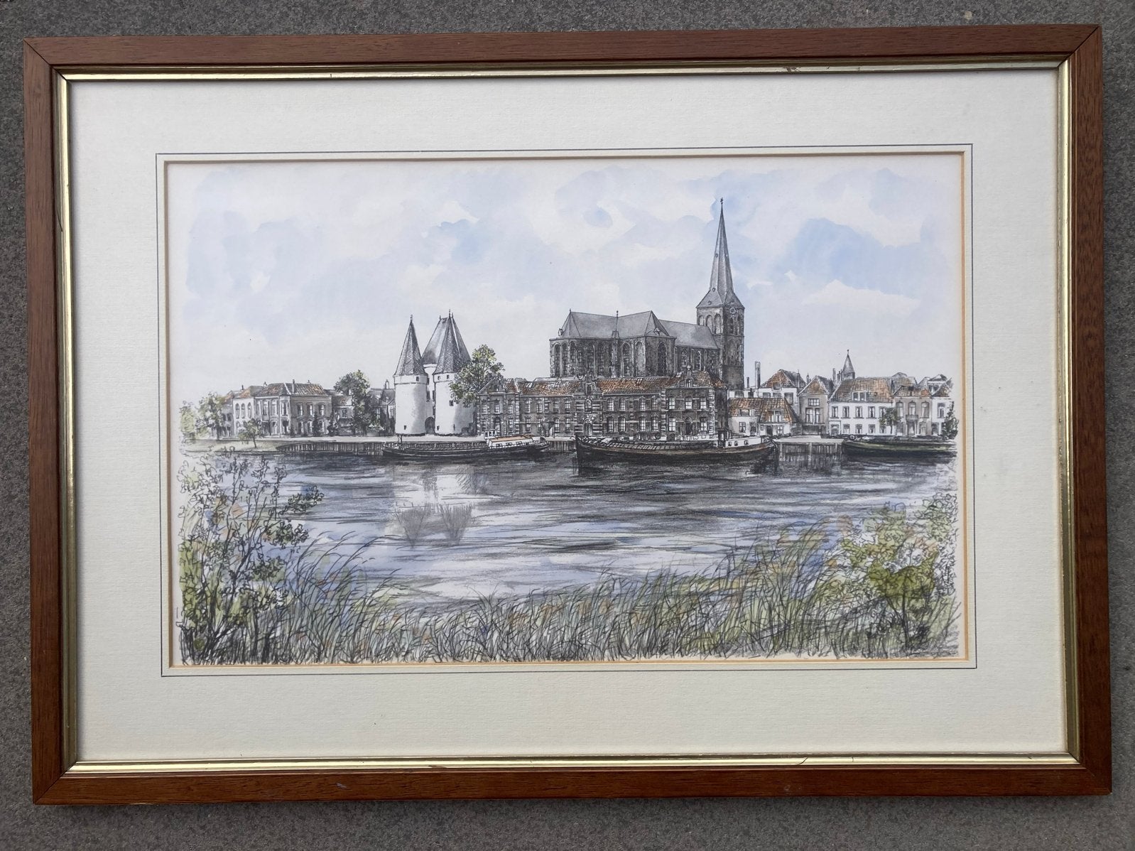 Kampen - ingelijste tekening, gesigneerd, Ophalen, Tekening, Pentekening, Ingelijst