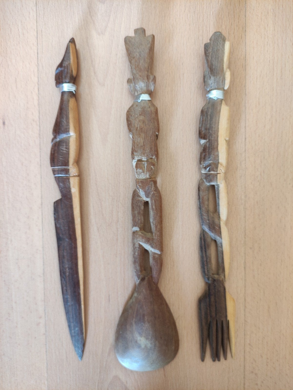 Uniek slacouvert figuurlijk handwerk v. hout India/40 jr oud, Ophalen of Verzenden, Zo goed als nieuw, Hout, Bruin