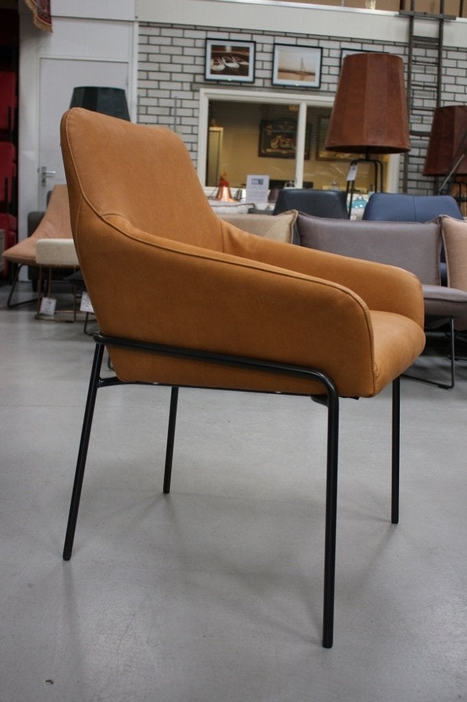 4 x luxe eetkamerstoelen Jolly Jess design metaal leer camel, Huis en Inrichting, Ophalen, Zo goed als nieuw, Leer, Vier