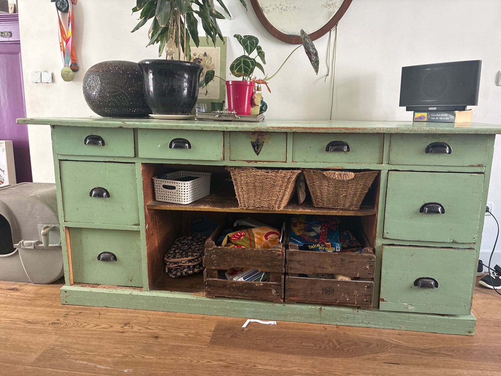 Vintage Groene toonbank met Lades en Open Vakken, Antiek en Kunst, Ophalen of Verzenden