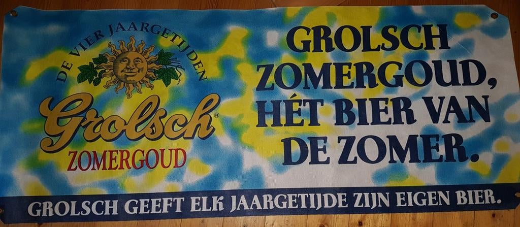 Doek Grolsch Zomergoud 148 cm x 60 cm, Verzamelen, Biermerken, Ophalen of Verzenden, Zo goed als nieuw, Reclamebord, Plaat of Schild