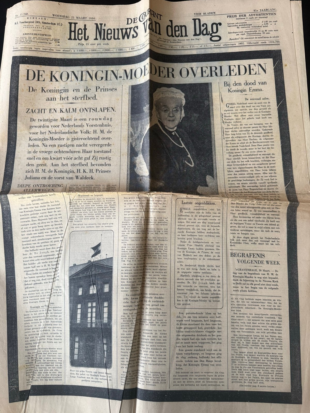 Krant 'Het Nieuws van den Dag' - 21 maart 1934 - Koningin Em, Boeken, Ophalen of Verzenden, Gelezen, Krant
