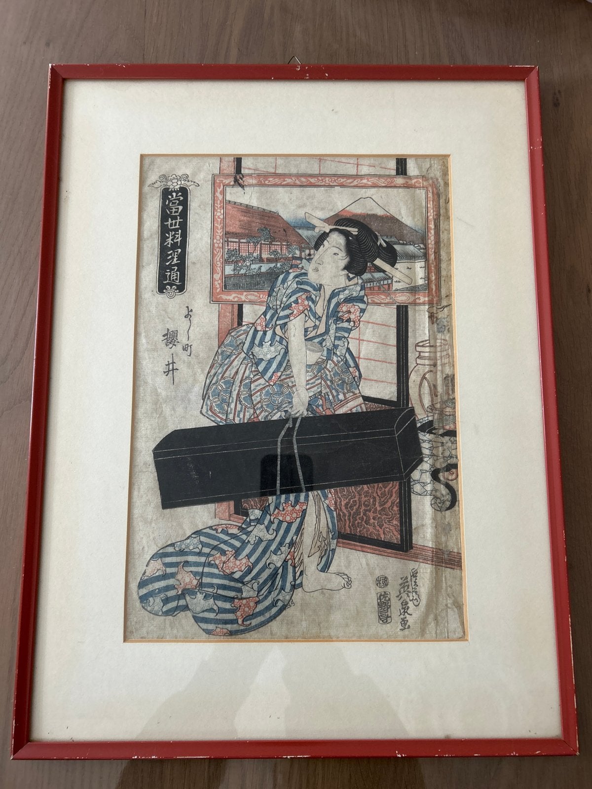 Oude Japanse Houtsnede - Ukiyo-e Stijl, Antiek en Kunst, Ophalen, Schilderij, Ingelijst, Papier/karton