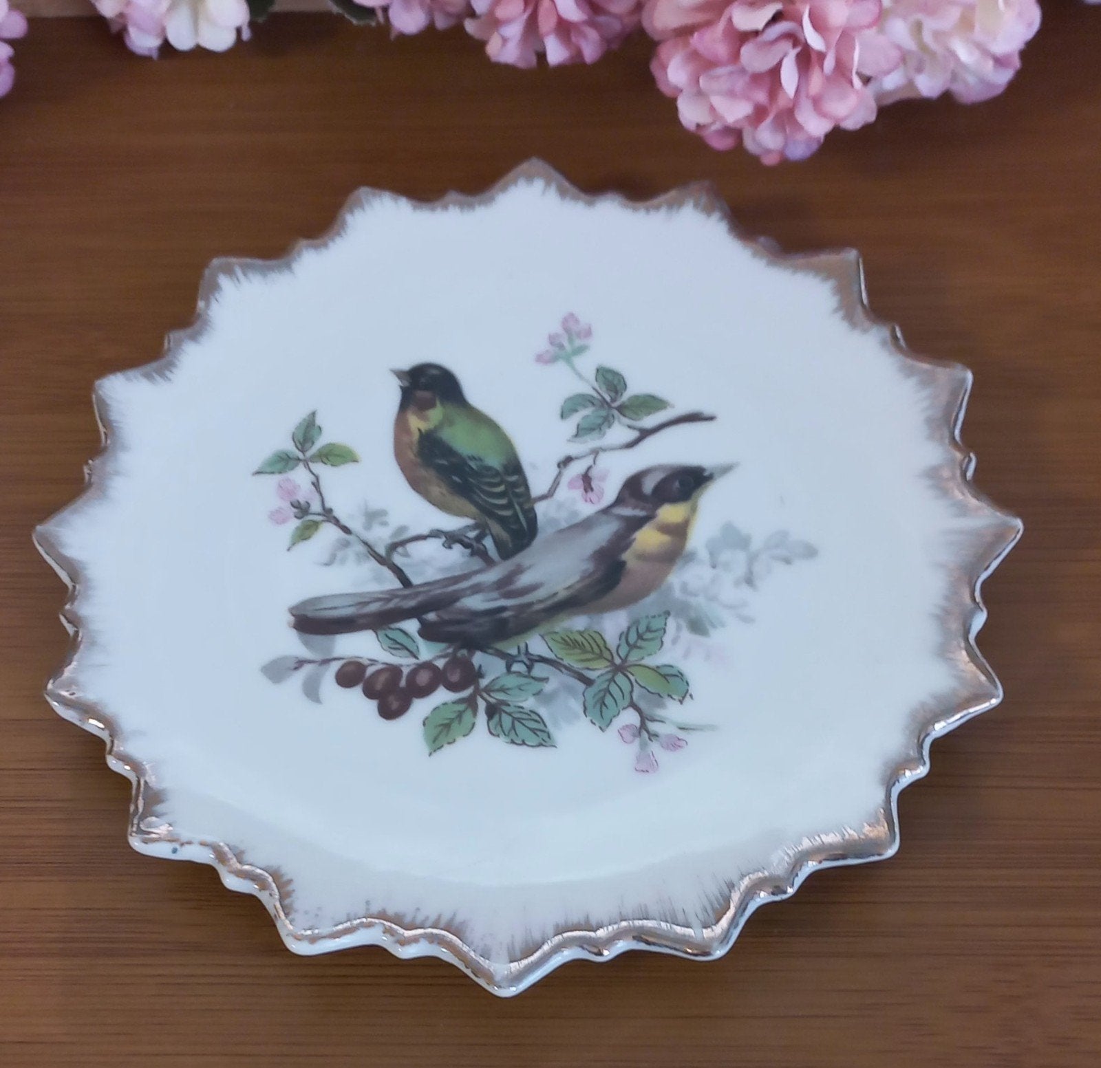 Leuk brocant wandbordje, 2 vogels, zilver/goud randje, Antiek en Kunst, Ophalen of Verzenden
