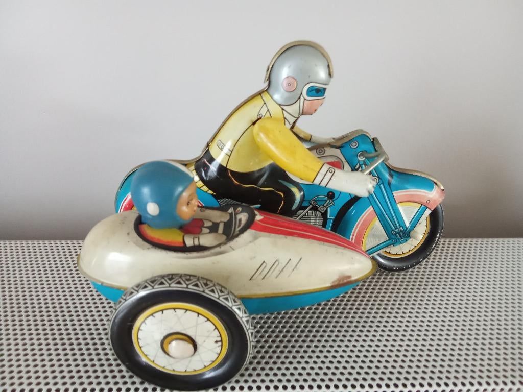 Oude blikken moto met zijspan 20cm, Antiek en Kunst, Antiek | Speelgoed, Ophalen of Verzenden