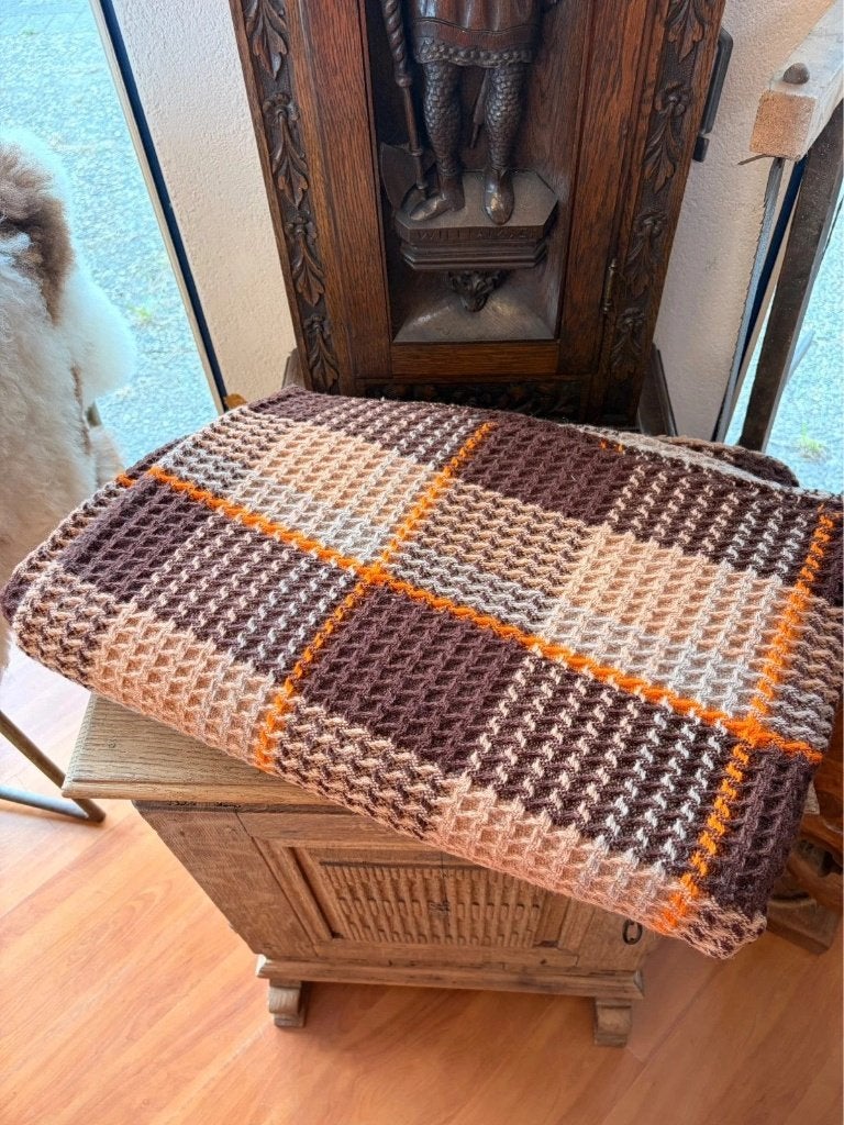 Retro Grand Foulard picknickkleed wafelstof bruin oranje, Djt@dejuistetoon.eu, Zo goed als nieuw, Mon Plaisir 19, Etten-Leur, Netherlands