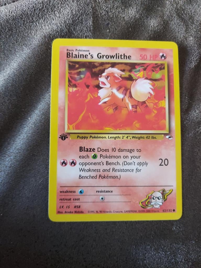 Blaine's growlithe first edition 62, Hobby en Vrije tijd, Verzamelkaartspellen | Pokémon, Ophalen, Zo goed als nieuw, Losse kaart