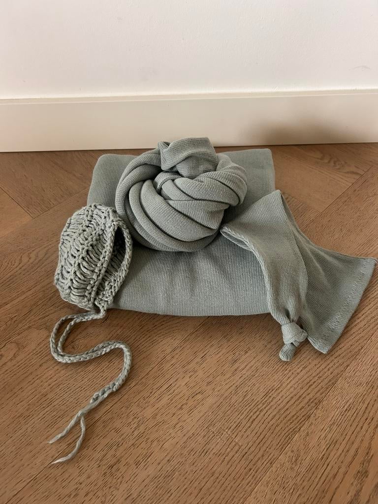 Zeegroene achtergrond, wrap en 2 mutsjes, Audio, Tv en Foto, Fotografie | Fotostudio en Toebehoren, Ophalen of Verzenden, Zo goed als nieuw