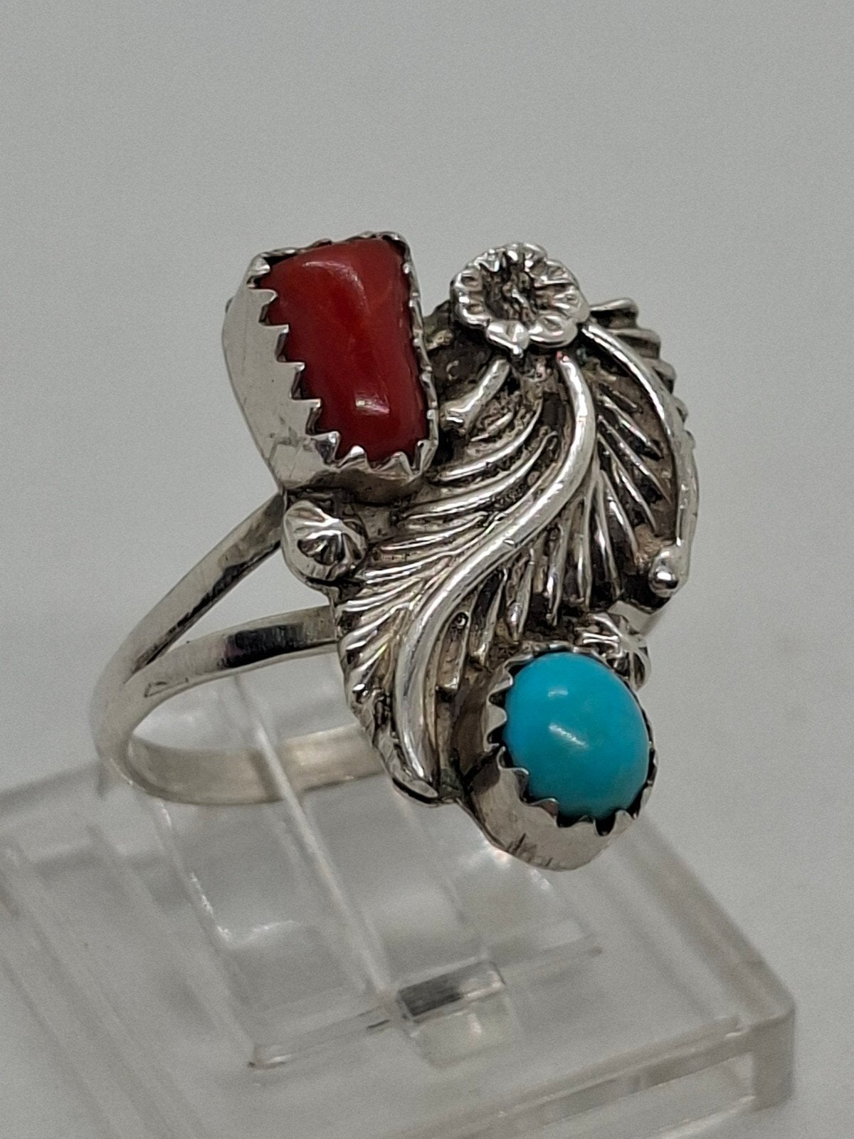 Zilveren Navajo ring 925 met bloedkoraal en turquoise, maat, Sieraden, Tassen en Uiterlijk, Ophalen of Verzenden, 17 tot 18, Met edelsteen