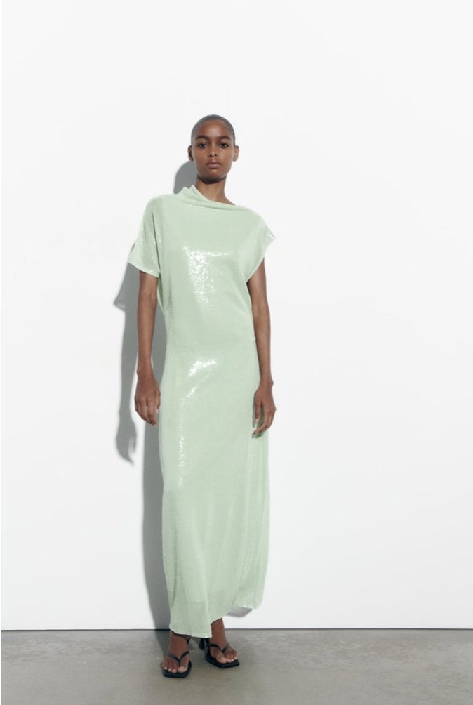 Dames Zara lange maxi jurk tricot top lovertjes zeegroen S, Zara, Ophalen of Verzenden, Zo goed als nieuw, Maat 36 (S)