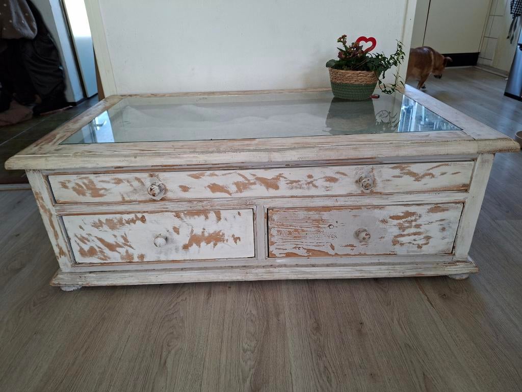 Salontafel met glazen blad en lades, wit/hout, Huis en Inrichting, Ophalen, Gebruikt, 100 tot 150 cm, Glas