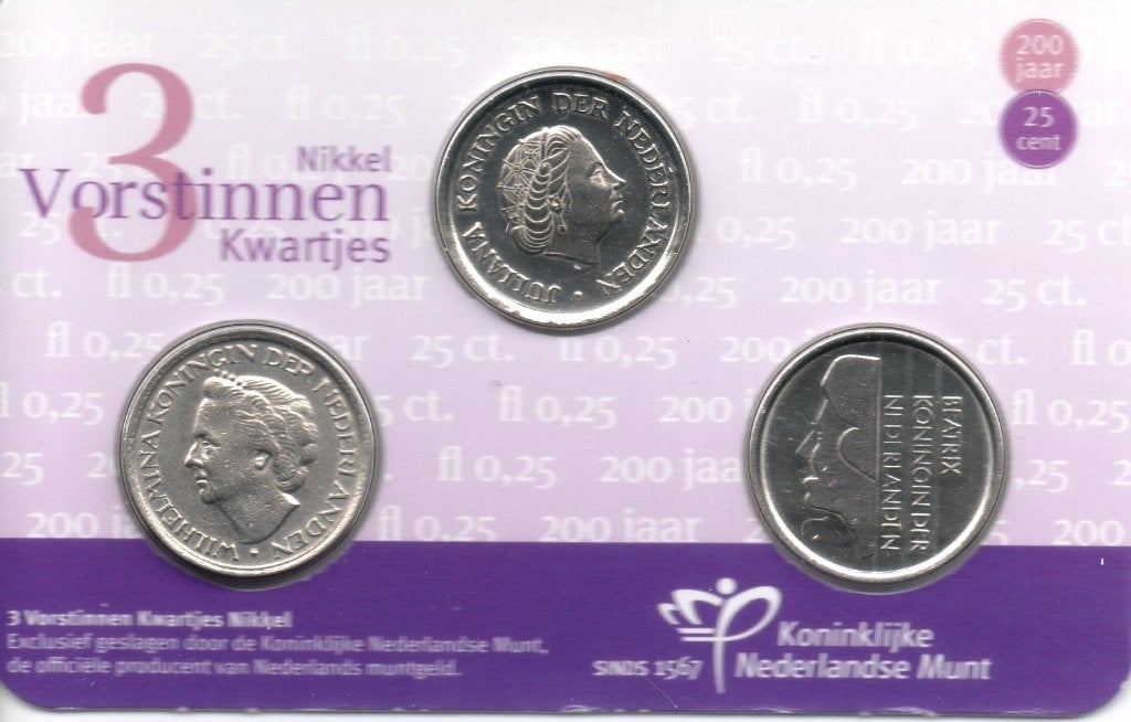 BEATRIX COINCARD1948-1980-1998:3 VORSTINNEN 200 JAAR KWARTJE, Ophalen of Verzenden, Koningin Beatrix, 25 cent