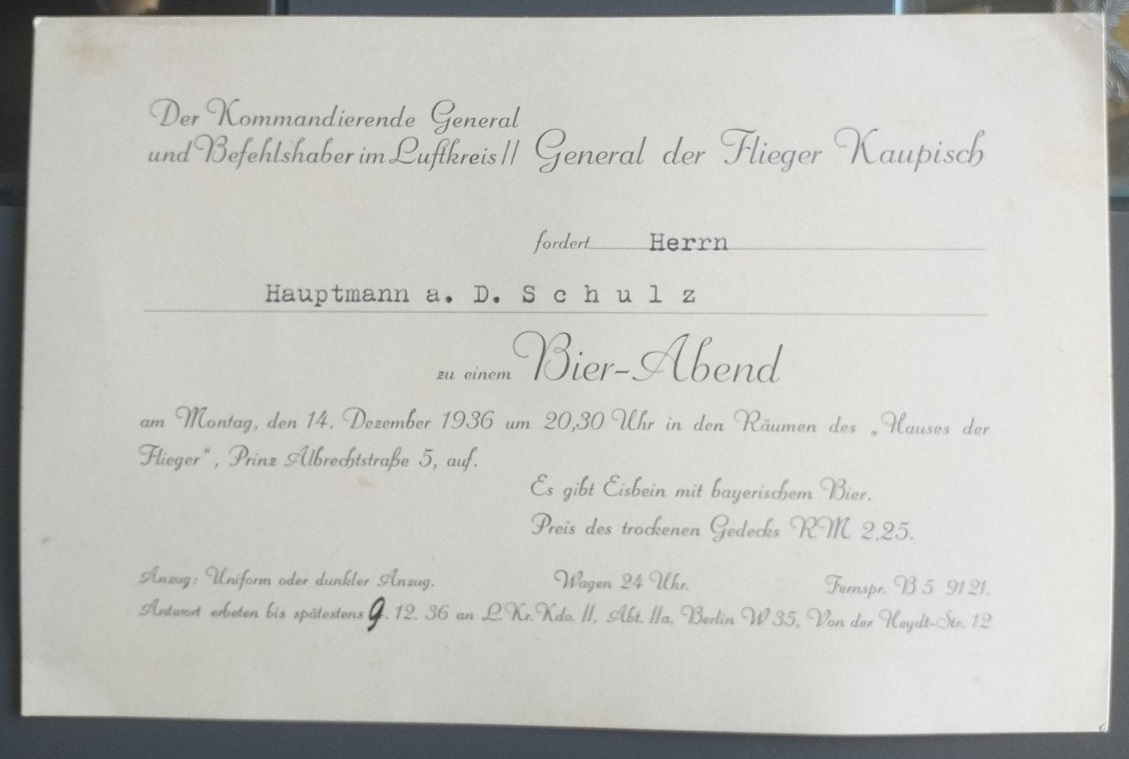 Duitse uitnodiging van General der Flieger Kaupisch Generaal, Verzamelen, Militaria | Tweede Wereldoorlog, Ophalen of Verzenden