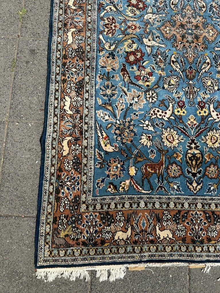 Qom tapijt met zijde/ pracht met herten en vogels 210x133 cm, Gebruikt, Zijde & Wol, 200 cm of meer, Ophalen of Verzenden