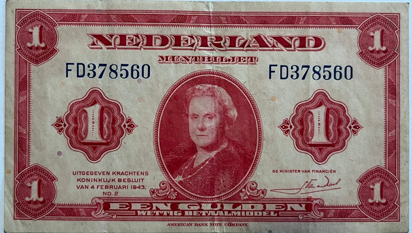 Nederland een gulden 1943, Postzegels en Munten, Bankbiljetten | Nederland, Ophalen of Verzenden, 1 gulden, Los biljet