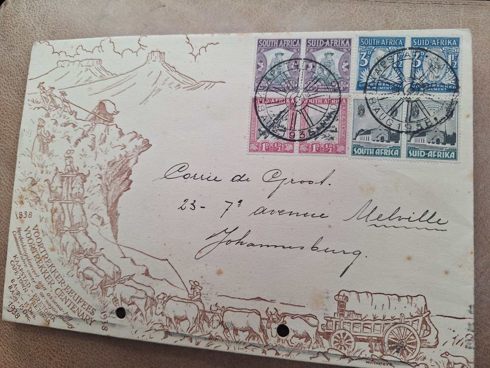 Zuid-Afrikaanse postzegels op envelop - 1938, Ophalen of Verzenden, 1920 tot 1940, Gelopen