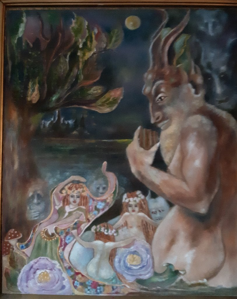 Fantastisch schilderij "Samenkomst met de faun", Ophalen, Paneel, Surrealisme, Olieverf