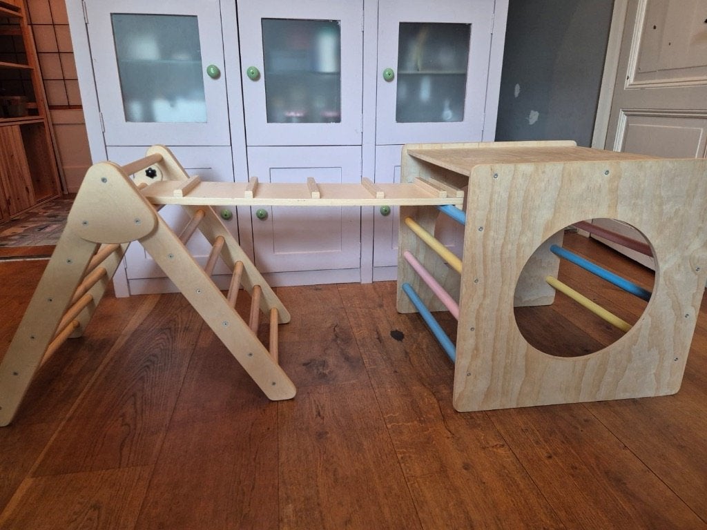 Houten klimset: pikler driehoek klimkubus loopplank/glijbaan, Kinderen en Baby's, Ophalen, Zo goed als nieuw, Overige typen