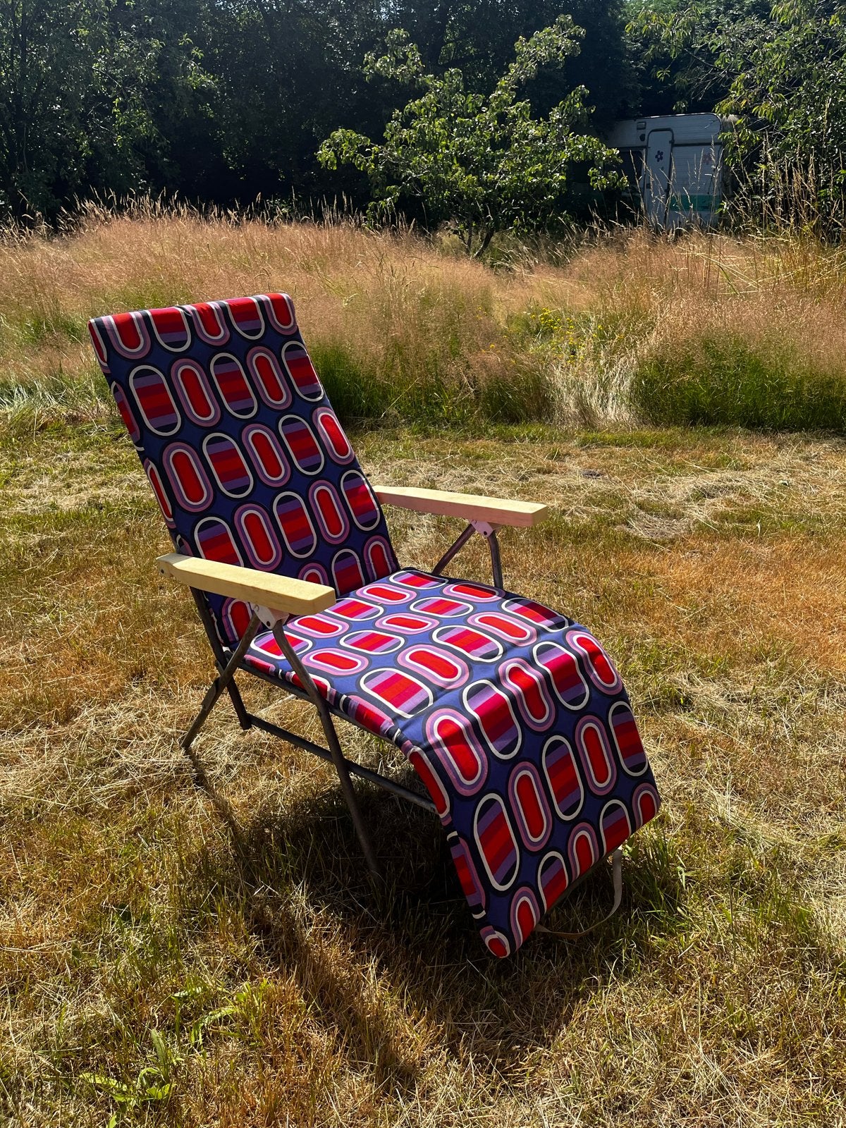 Vintage Ligstoel met Opvallende retro Print rood paars blauw, Ophalen
