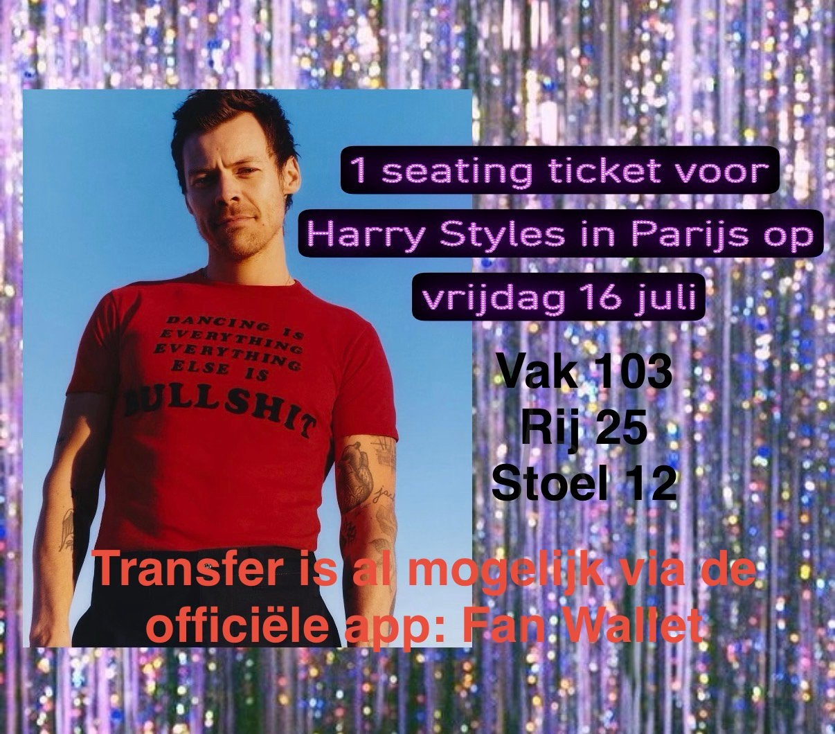 Harry Styles ticket Parijs 16 juli seating concert paris, Eén persoon, Juli